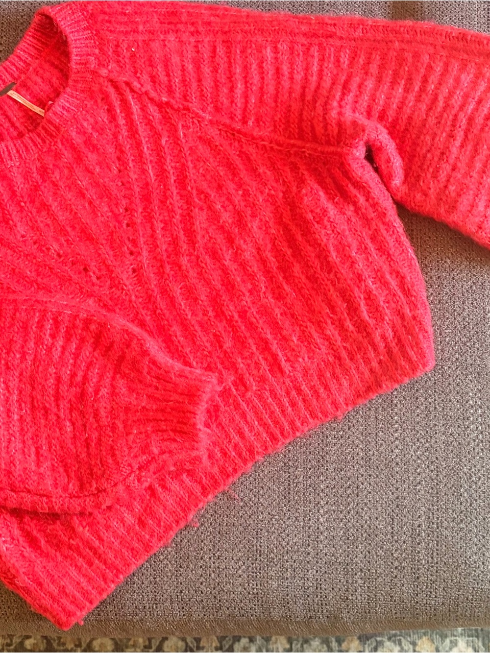 Free People Bright Coral Fuzzy Crew Neck Sweater